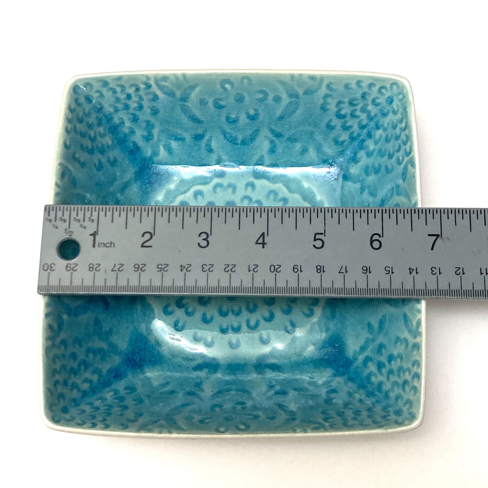 ROSCHER Turquoise Blue Crackle Floral Embossed Pomegranate Square Bowl 6.75″