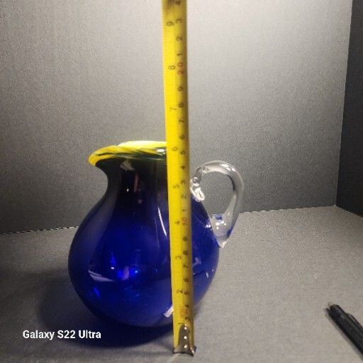 Hand Blown Art Glass Cobalt Blue Pitcher / Yellow W/ Applied Clear Glass Handle