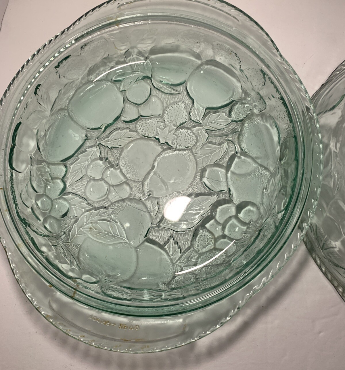 Sale Vintage Libbey Orchard Fruit Green Glass 3 QT Casserole Baking Dish Pie Lid