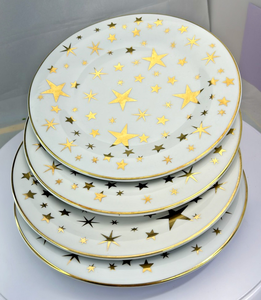 Set of 4 Sakura Galaxy White Dinner Plates 14k Gold Stars Porcelain