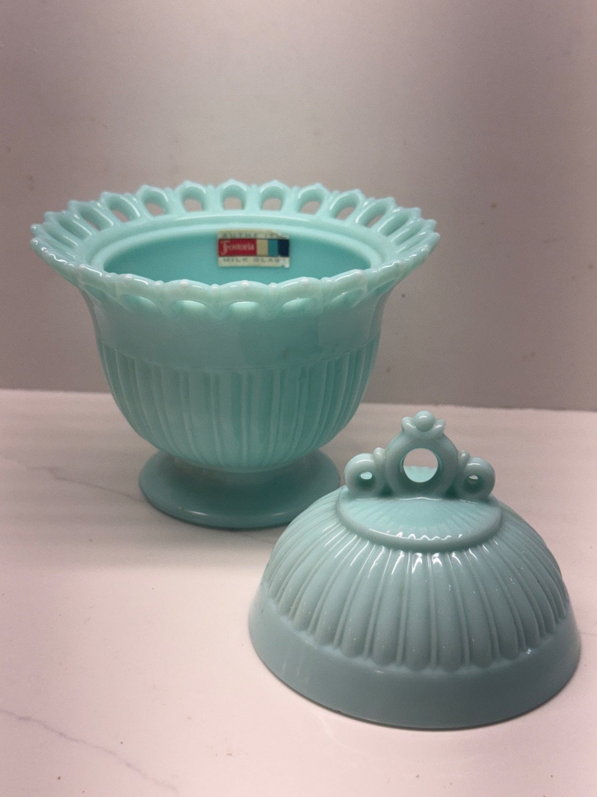 Fostoria Randolph Aqua Blue Milk Glass Covered Candy