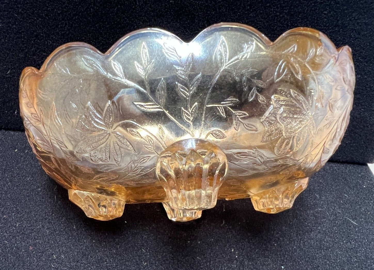 Vtg Jeanette Flora Amber Iridescent Carnival Glass Small Candy Dish bowl 4 feet