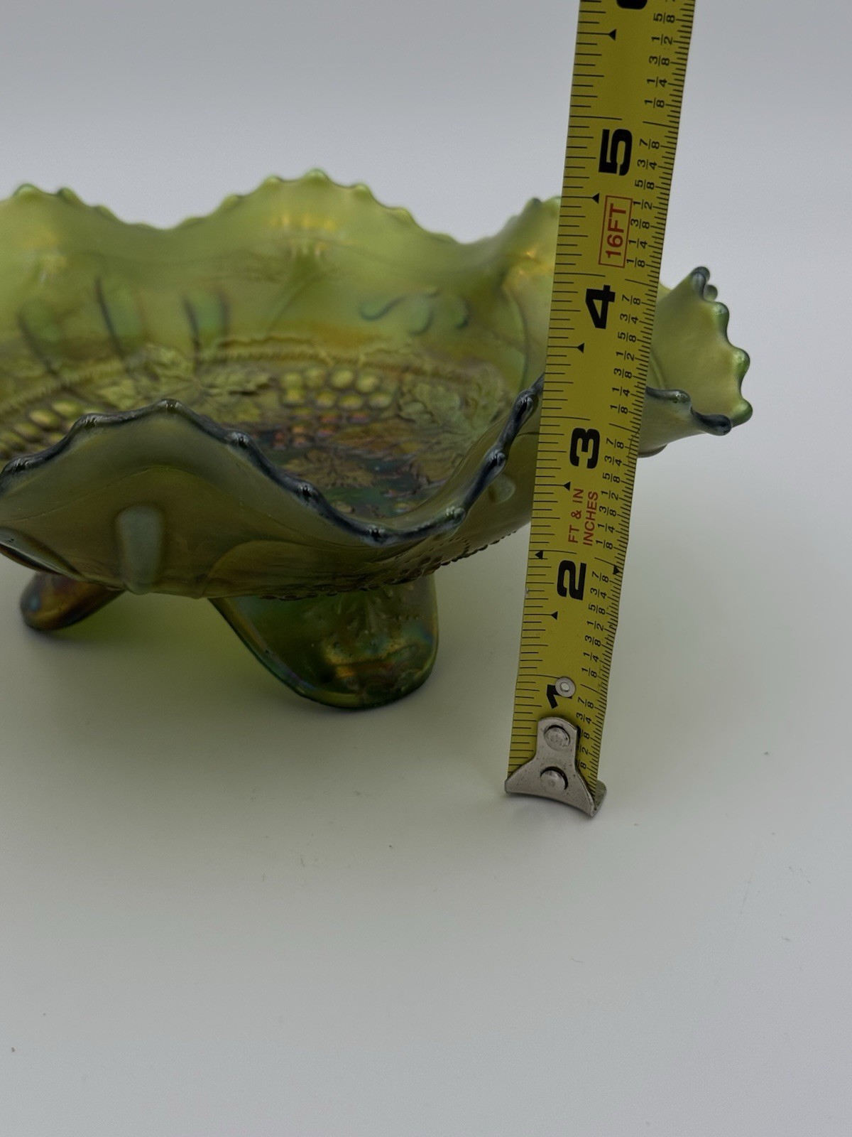 Northwood Green Grape And Cable Spt. Ftd. Carnival Glass Bowl