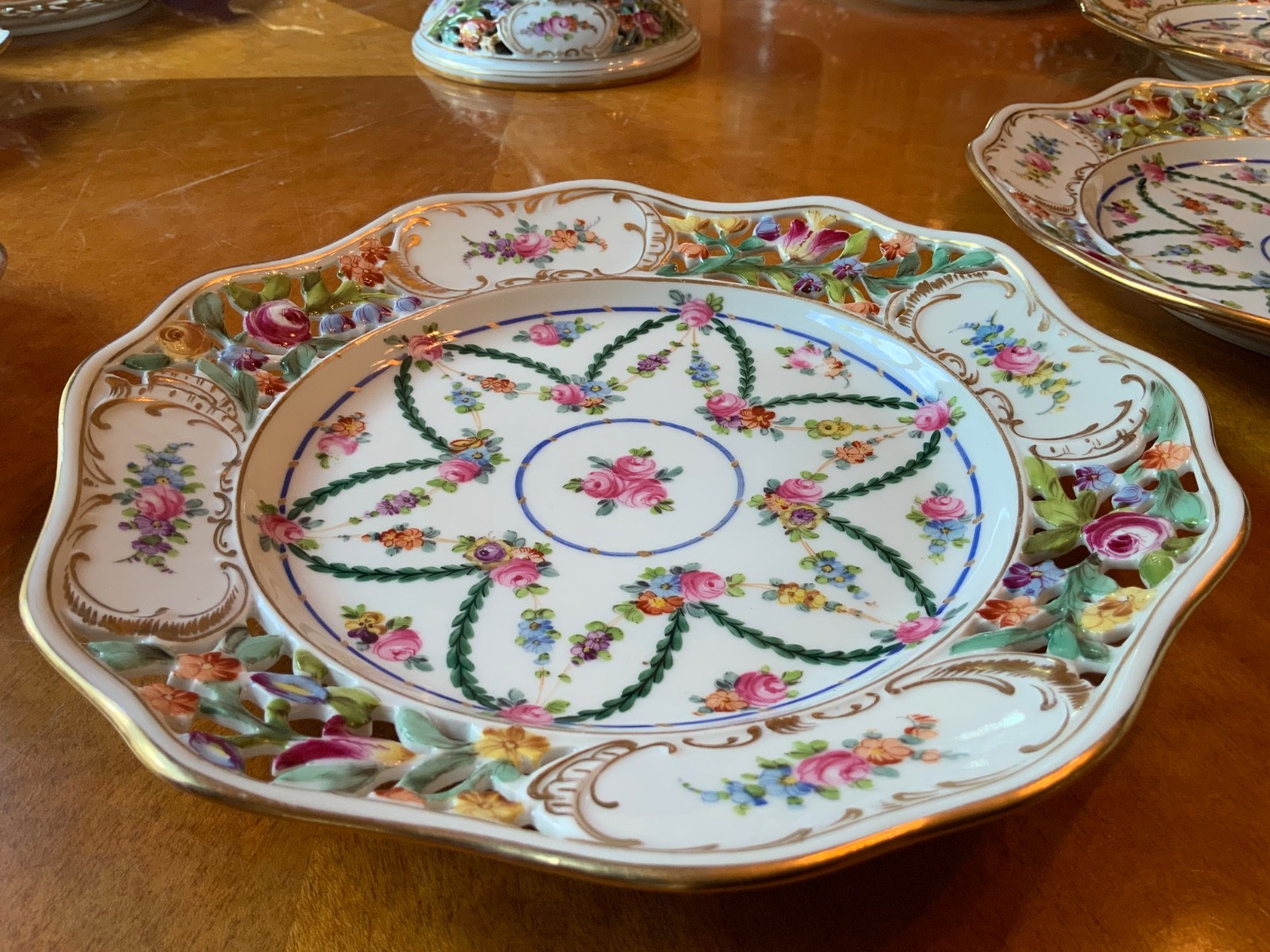 Antique Carl Thieme Dresden Basketweave Dessert Service – 8 Plates & Compote