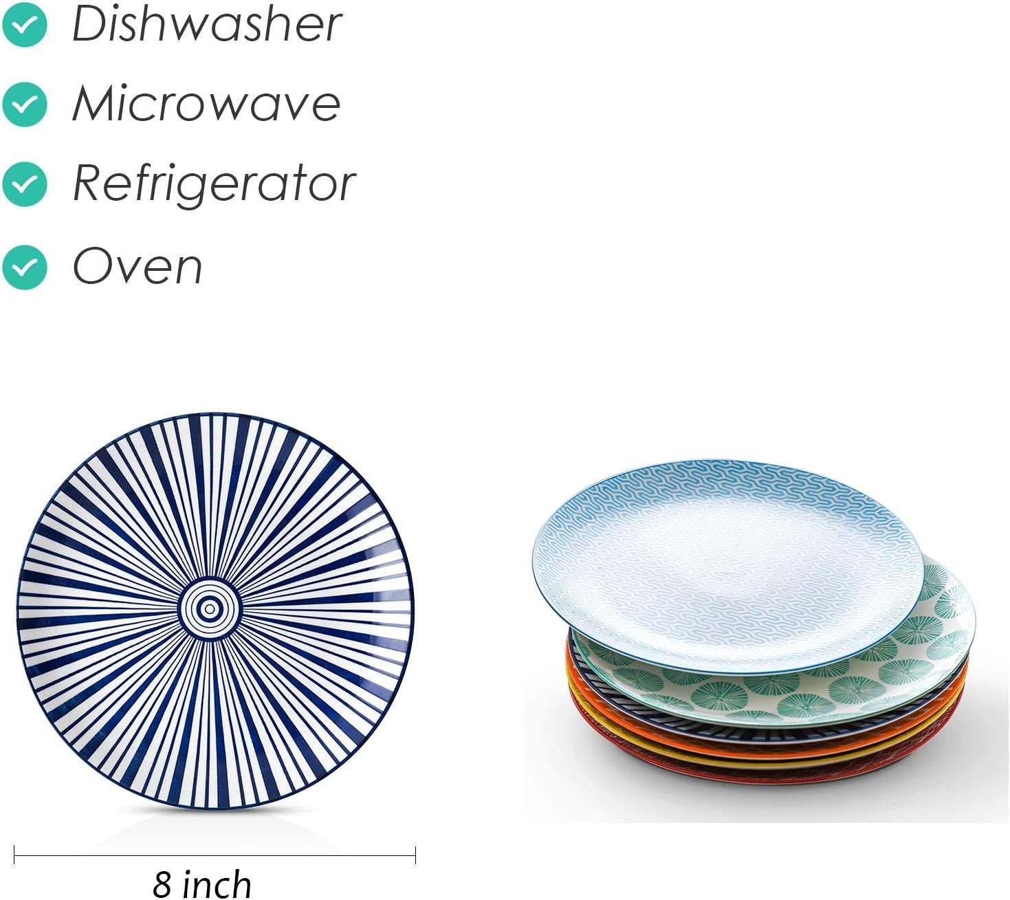 Unique Floral Design: 8-Inch Lead-Free Porcelain Plates, Set of 6 Vibrant Colors