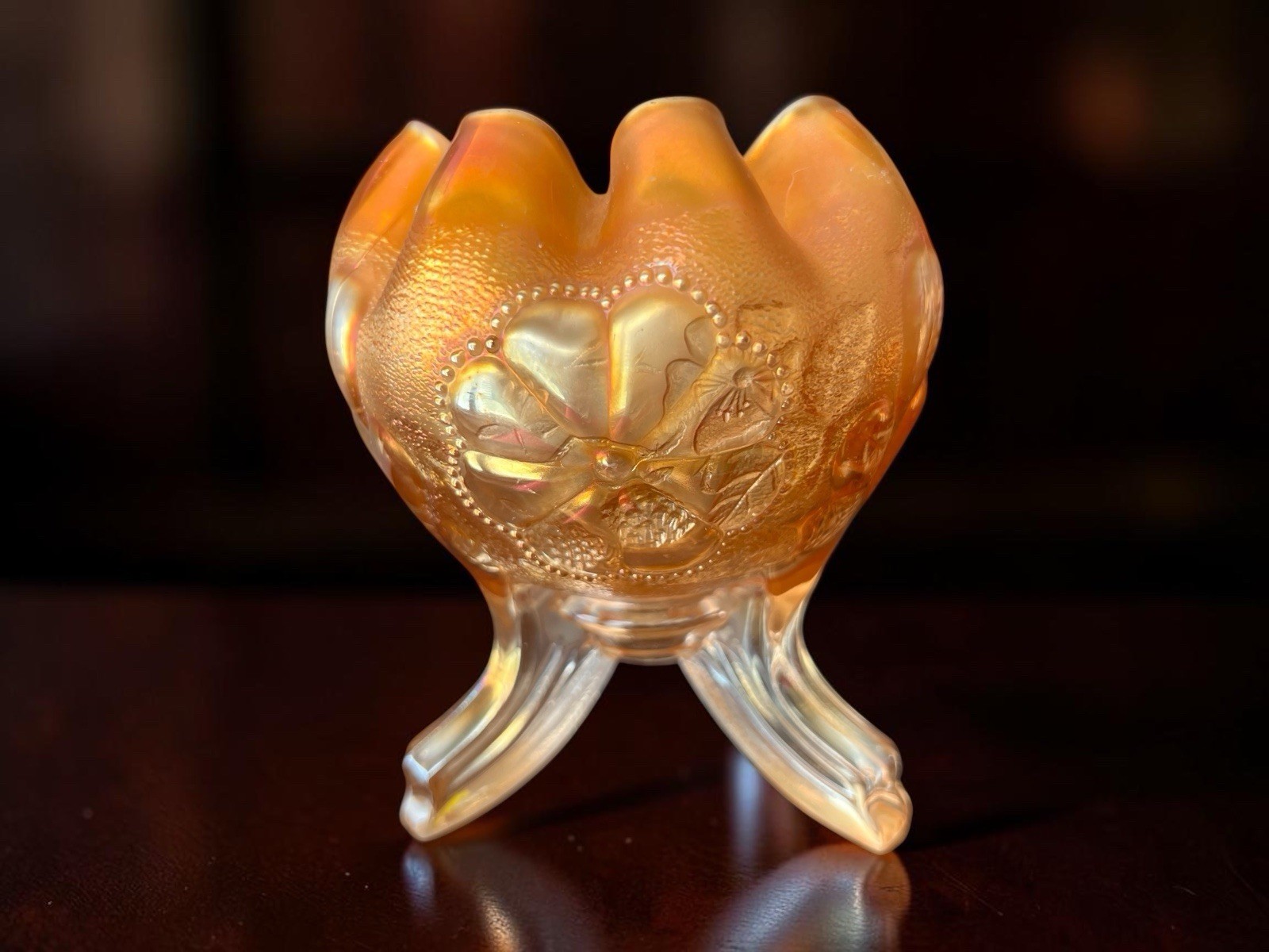 Vintage Northwood Daisy Plume Marigold Orange Carnival Glass Ruffled Rim Bowl