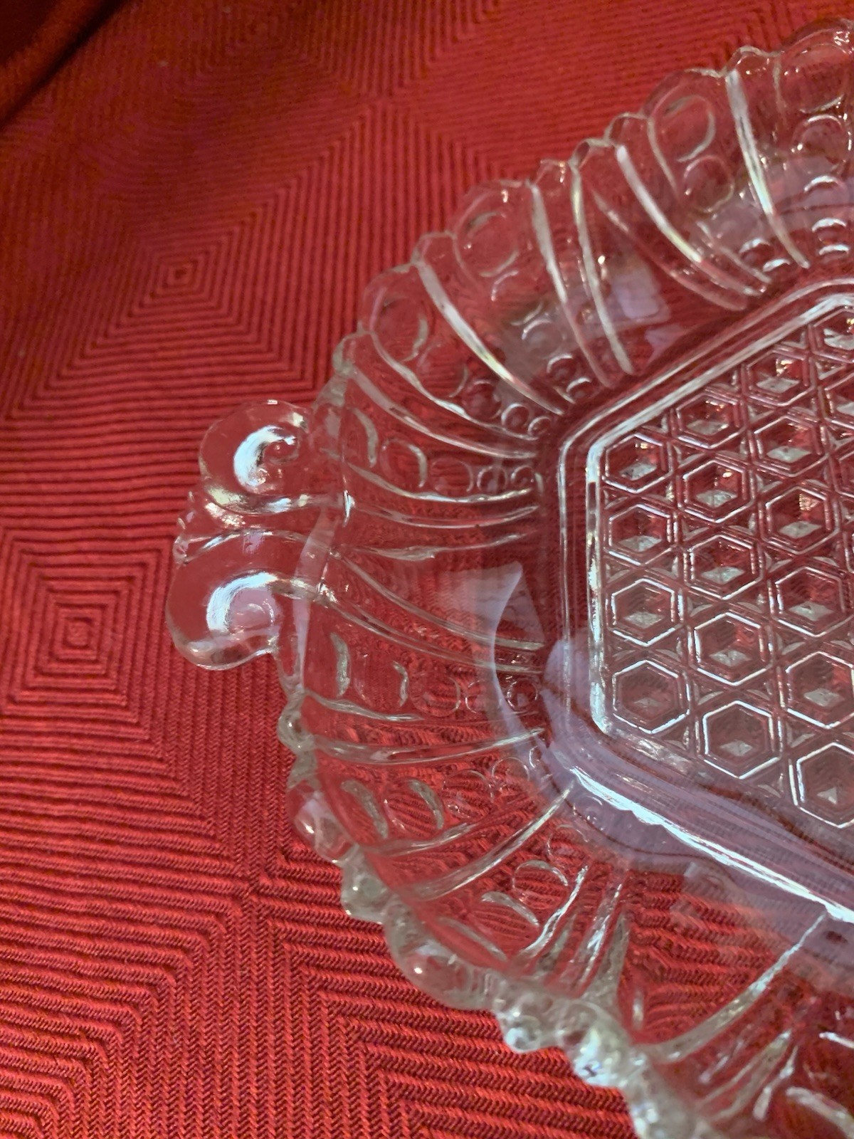 Anchor Hocking Clear Glass Vintage Dish with Hexagon and Dot & Cane Pattern 7.5”