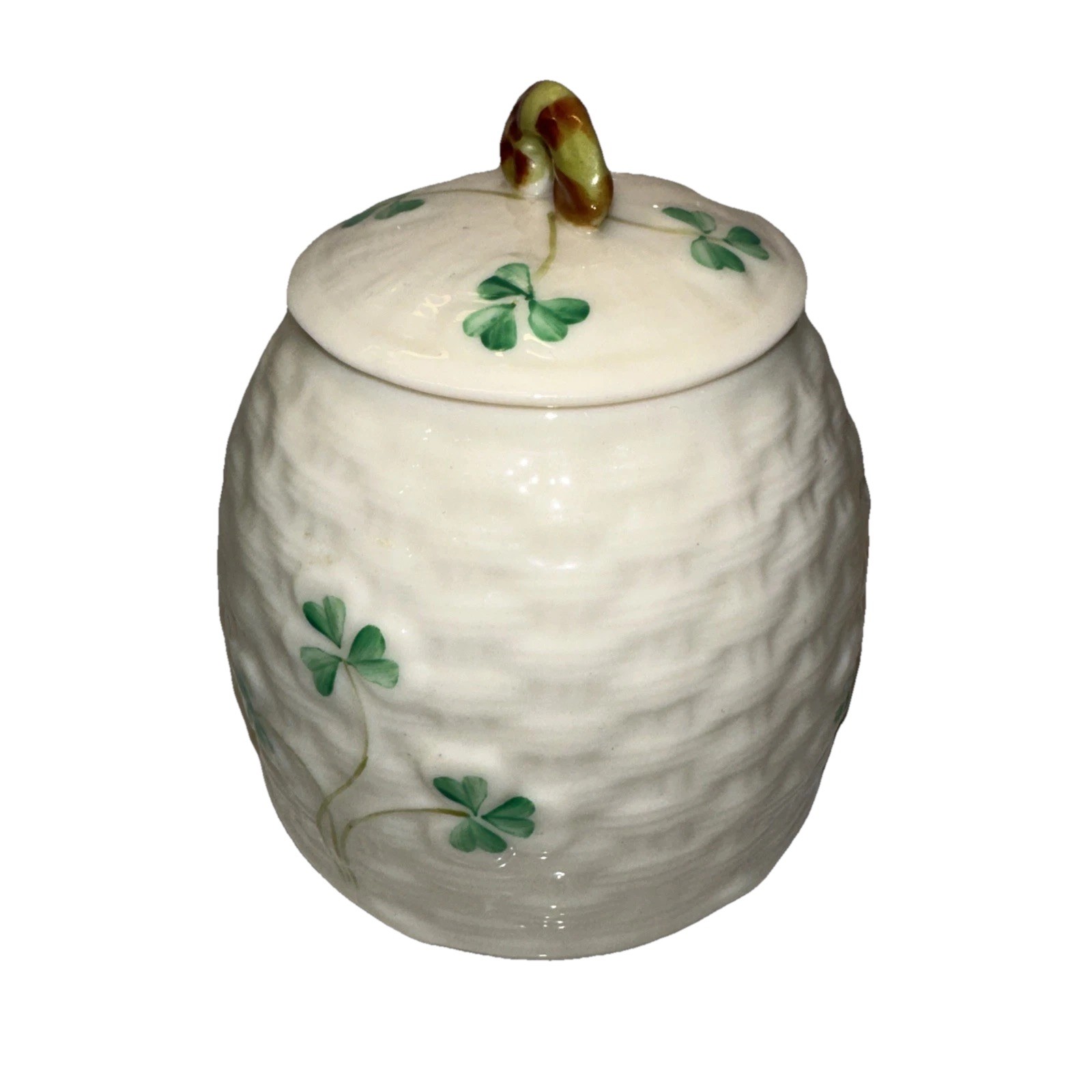 Belleek Ireland Shamrock 3.5” Pot Jar w Lid 6th Green Mark Honey Vintage