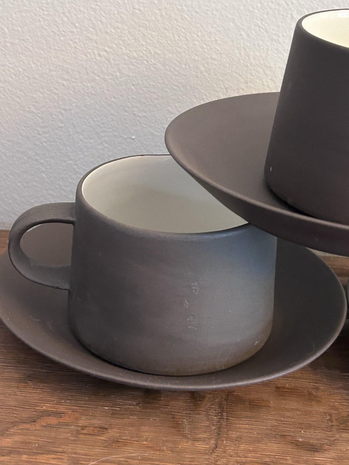 Dansk Flamestone Matte Brown & White Cup And Saucer 3 Sets Denmark Quistgaard