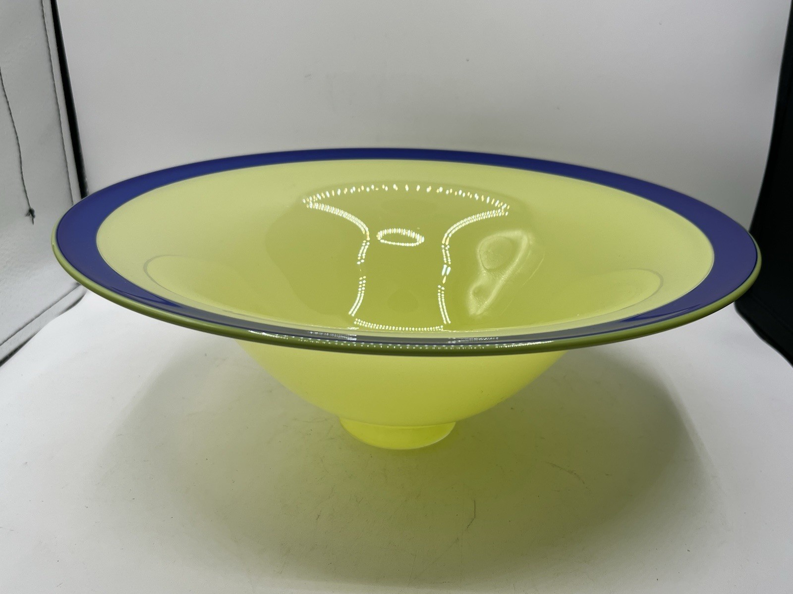 Erik Eiserling 1997 SEA Glasbruk Yellow Lime Art Glass Bowl With Cobalt Blue Rim
