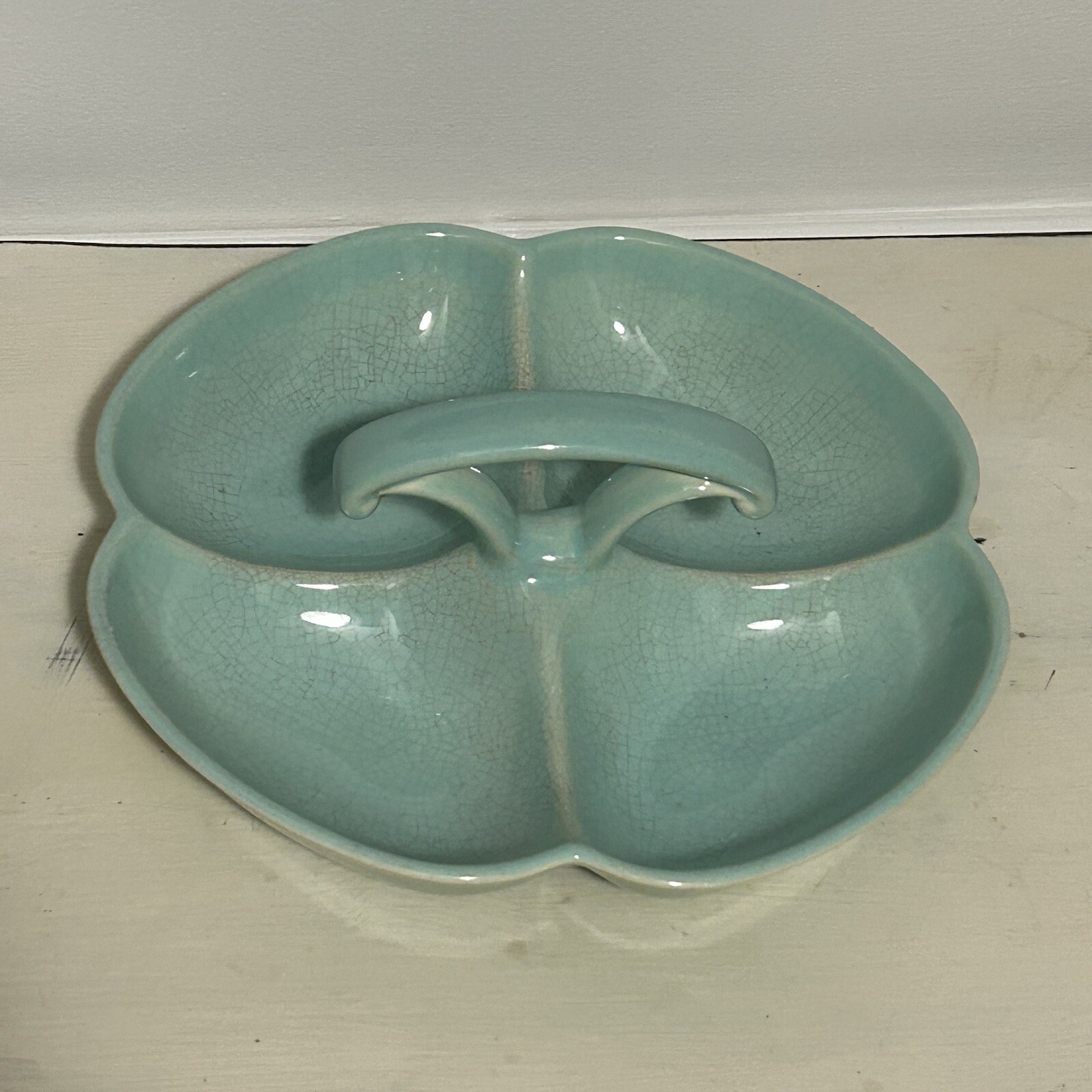 TS&T Luray Surf Green Handled Relish Tray Divided Dish Taylor Smith Lu-Ray MCM