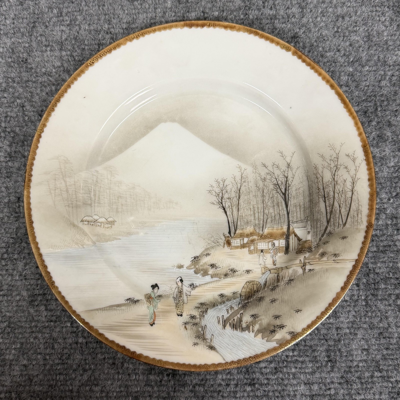 VTG 1930s Japanese Kutani Porcelain Plate 8.5″ Asian Landscape Gold Rim Scenic