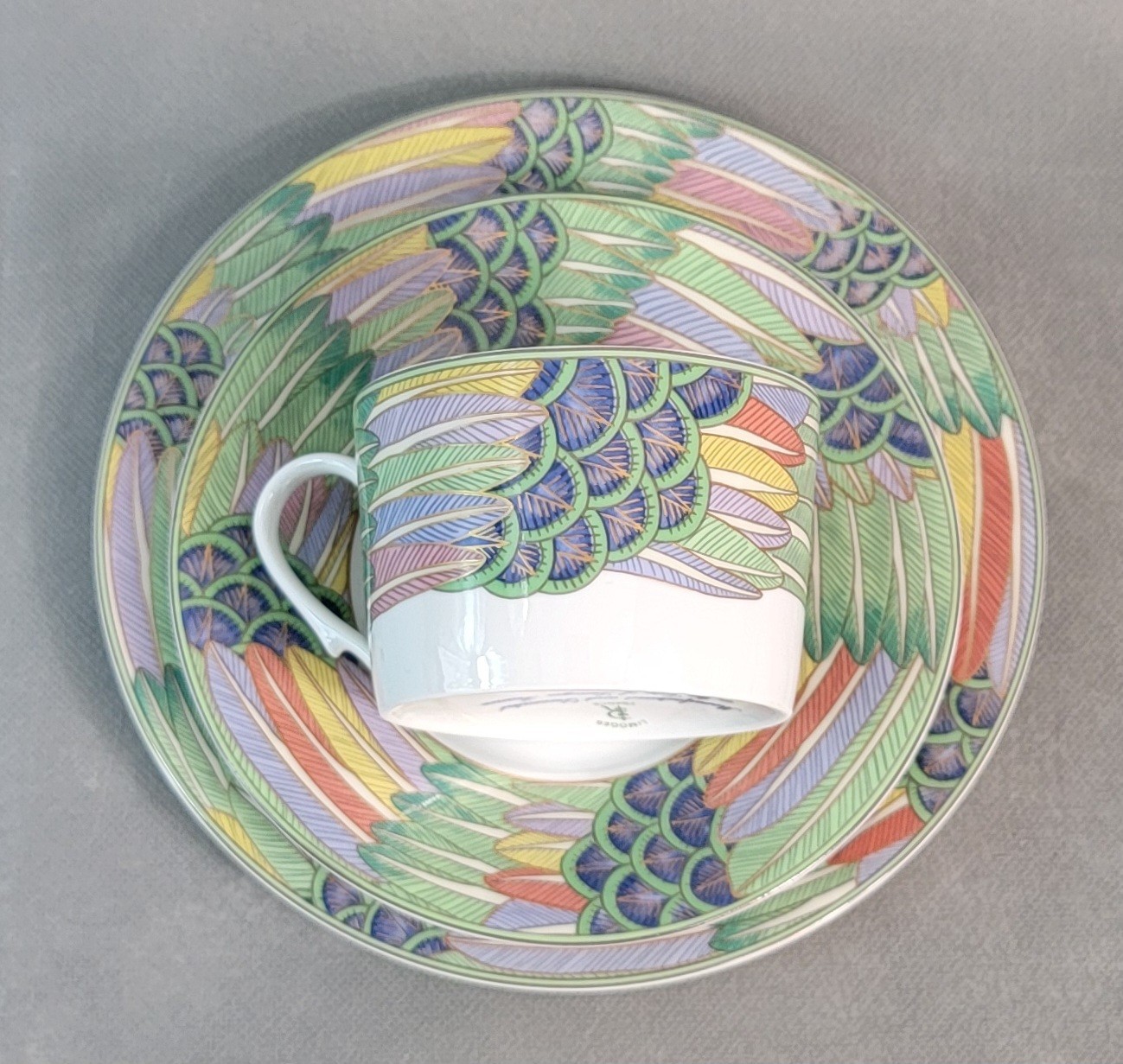 RAYNAUD LIMOGES Porcelain CARVEN Peacock Feathers 3 PIECE SETTING France