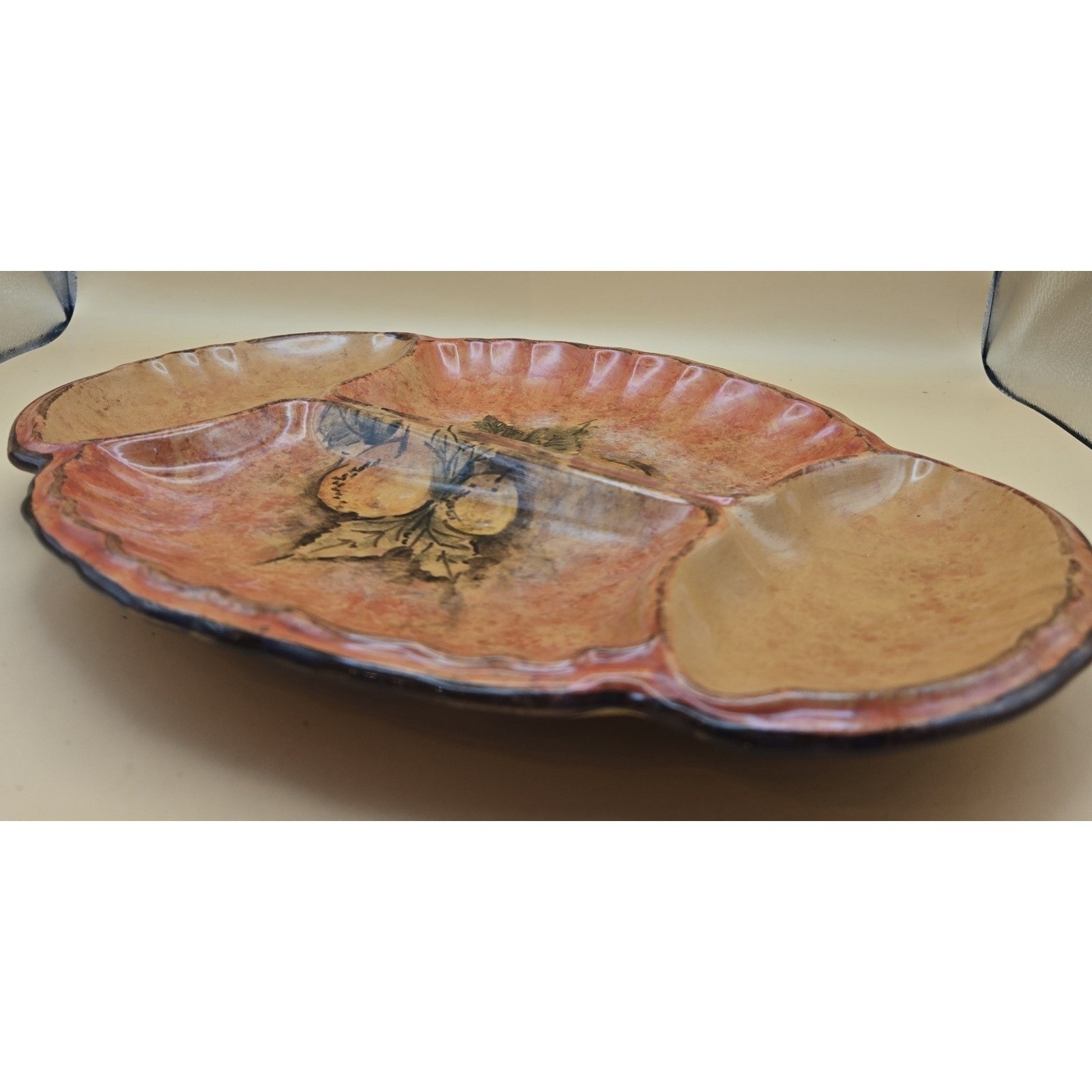 Tuscany Serving Dish, Scalloped Design Fruit And Leaves 13″ Long 9.75″ Wide