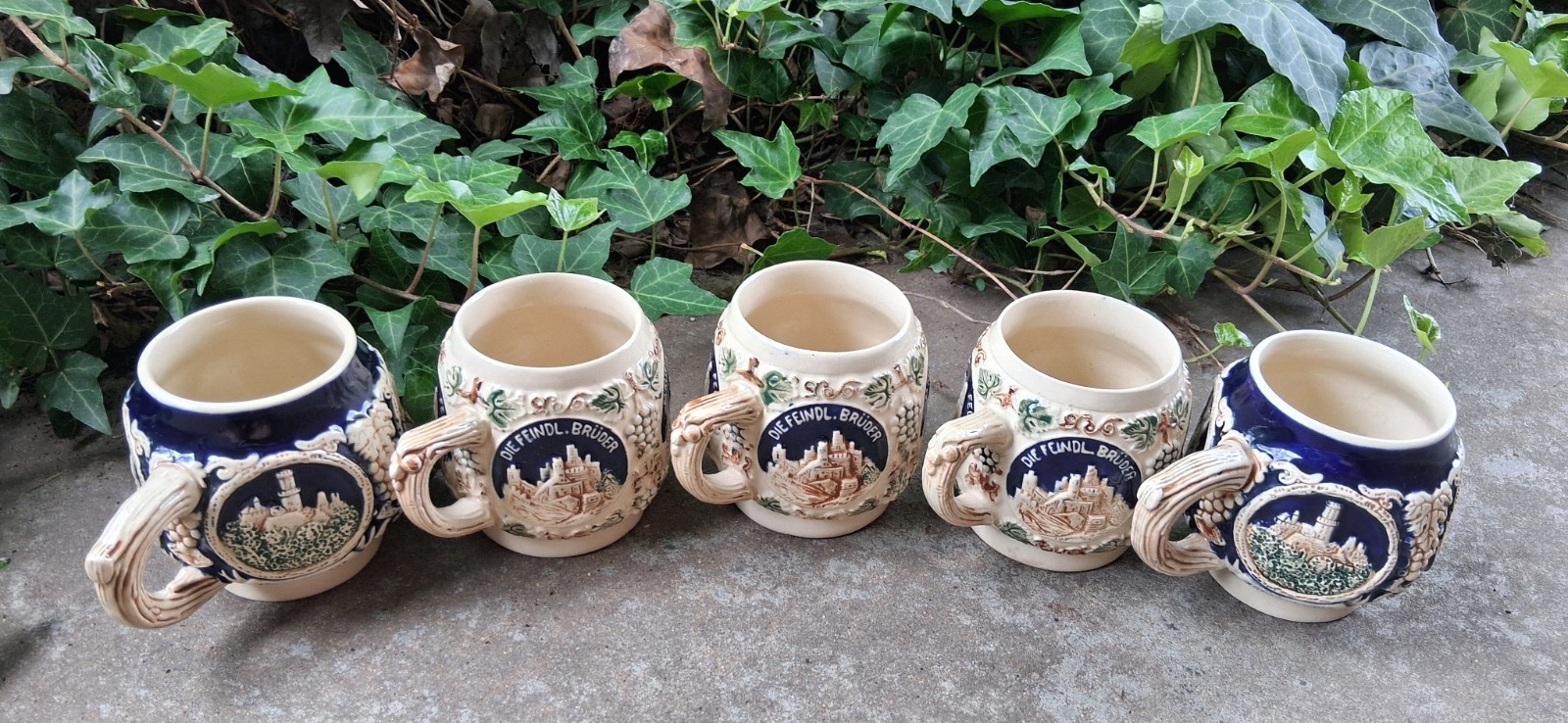 5 German Stoneware Mugs By Marzi & Remy “2835” 2 Cobalt Blue & 3 Cream Mugs