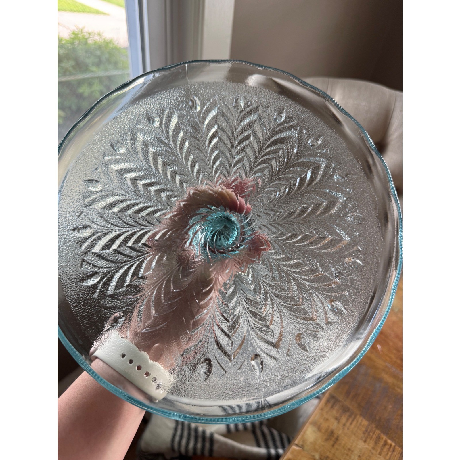 Jeannette Glass Feather Pattern Cake Stand Ice Blue Excellent 50s Vintage