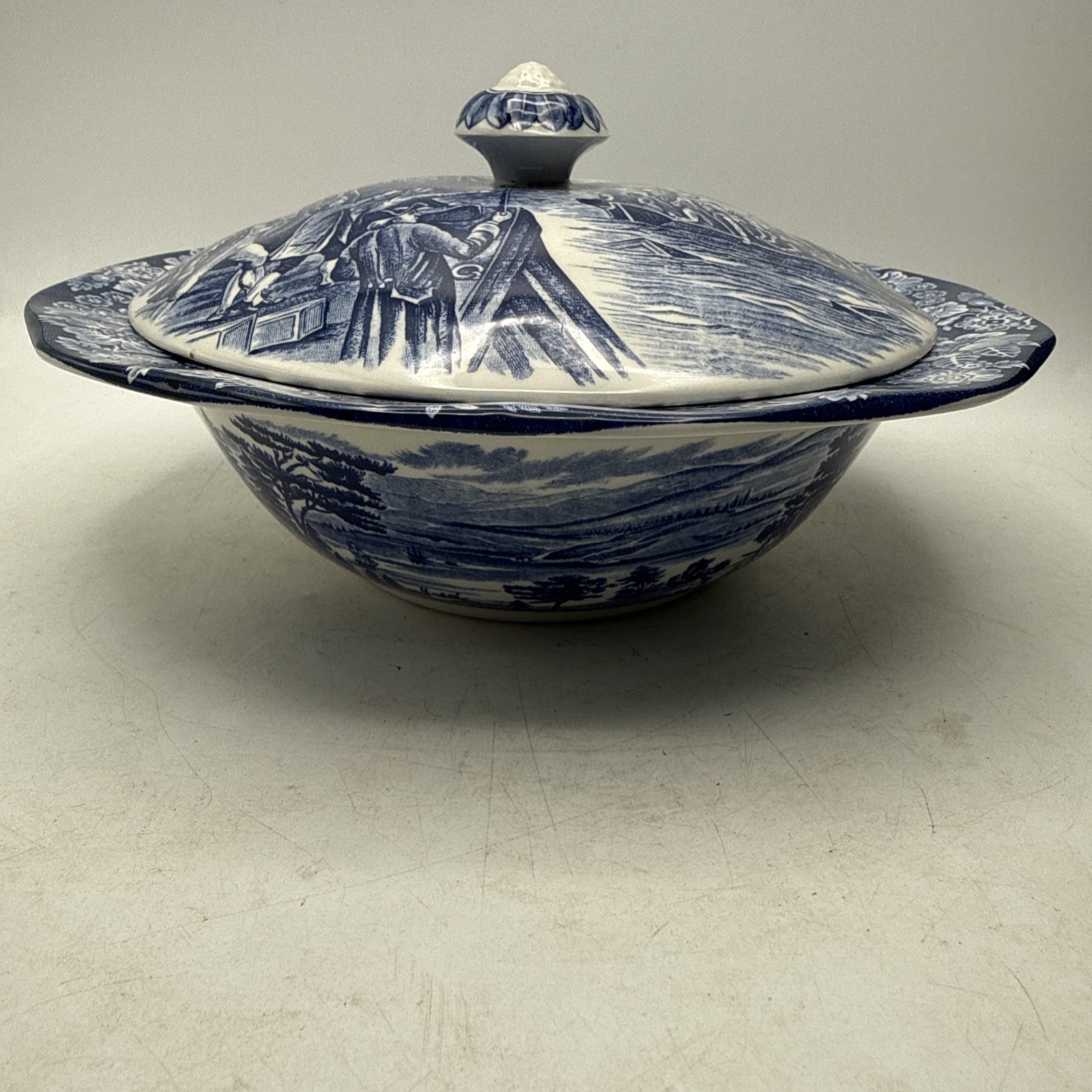Liberty Blue “Boston Tea Party” Covered Serving Bowl – Historic Colonial Scene