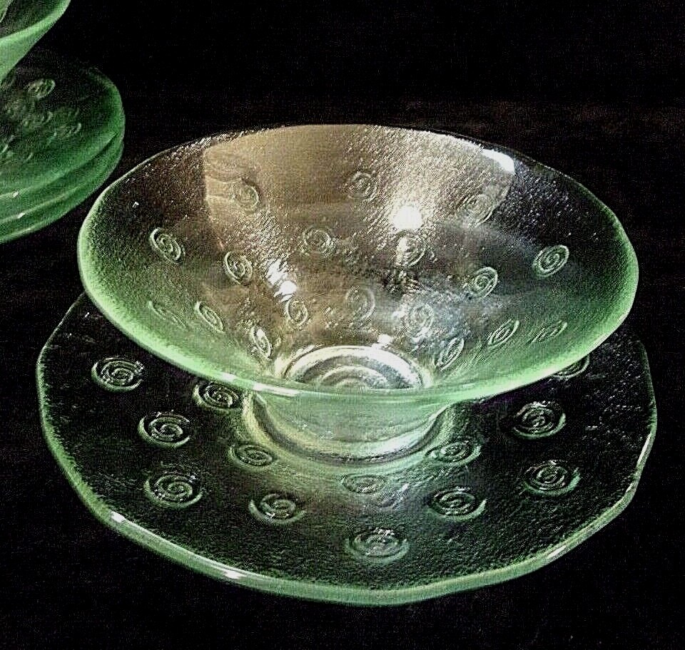 FOUR PIECE SET of GREEN TINTED GLASS BOWLS with MATCHING SAUCERS – SPIRALS!!