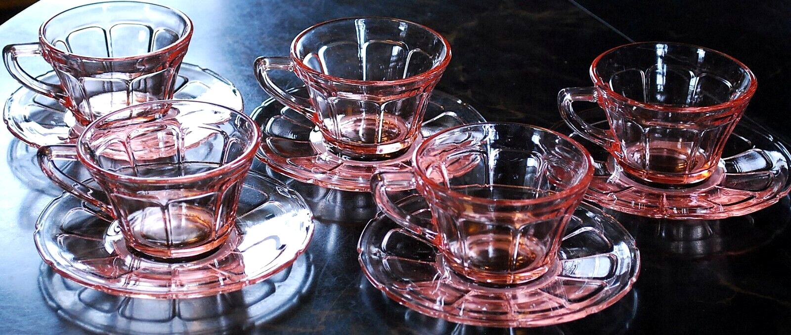 Vtg Set 5 ‘VICTORY’ PINK DEPRESSION GLASS Cups/Matching Saucers c1930 By Diamond
