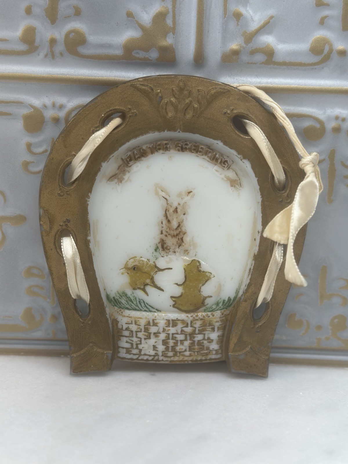 P.L. Co. Antique Pressed Milk Glass Easter Horseshoe Hanging Plaque Bunny Chick