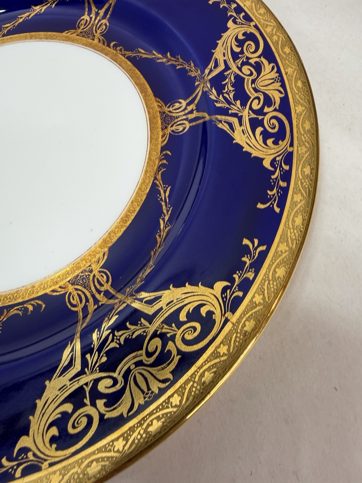 Antique Minton Porcelain 2 Dinner Plates w Raised Cobalt Blue Gold Rim 10 1/8 in