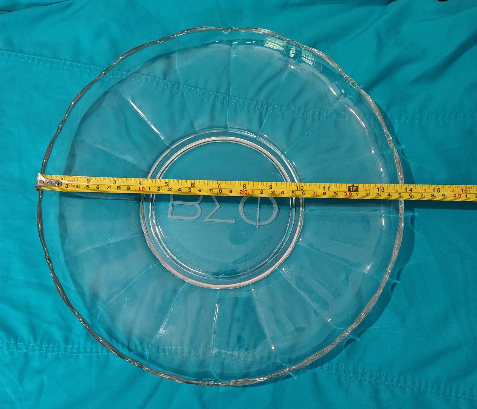 Vintage Beta Sigma Phi Glass Serving Plate 13.5″ Greek Sorority Engraved Decor 1
