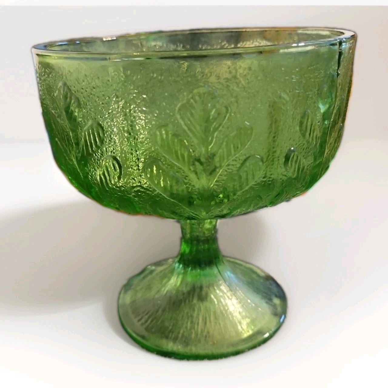 Vintage FTD Green Glass Footed Compote Bowl Vase Candy Dish Oak Leaves Pattern