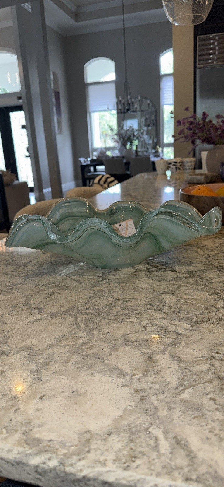 Murano Art Glass Hand Blown Ruffled Centerpiece Bowl | Seafoam Green 15.5” Italy