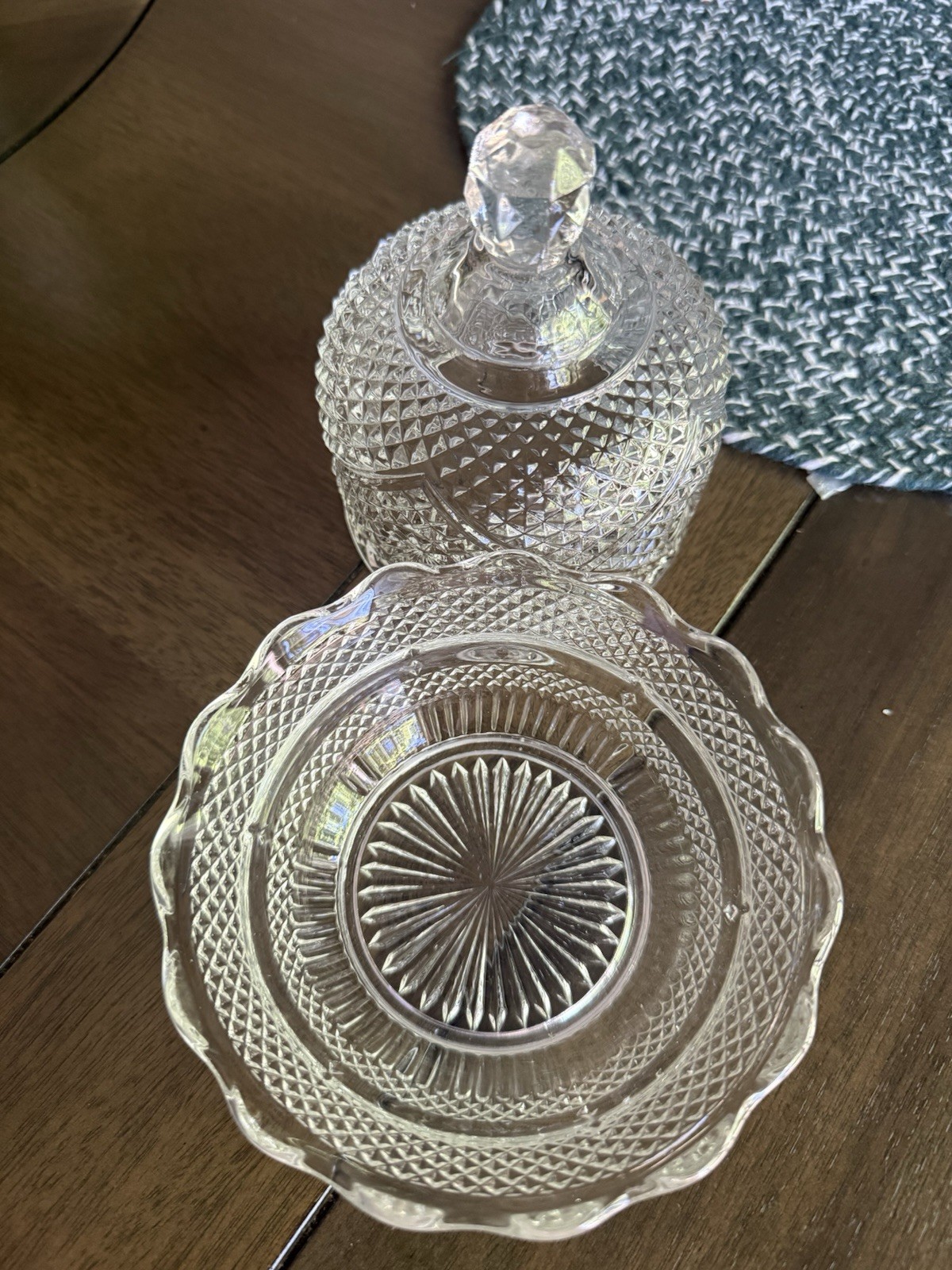 Vintage Pressed Glass Covered Candy Dish Dresser Jar With Underplate