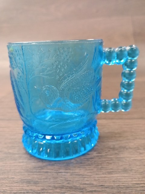 Bryce Bro’s Bird On A Branch 3-1/4″ Mug Blue Pressed Glass 1800’s #1302 BLUB11