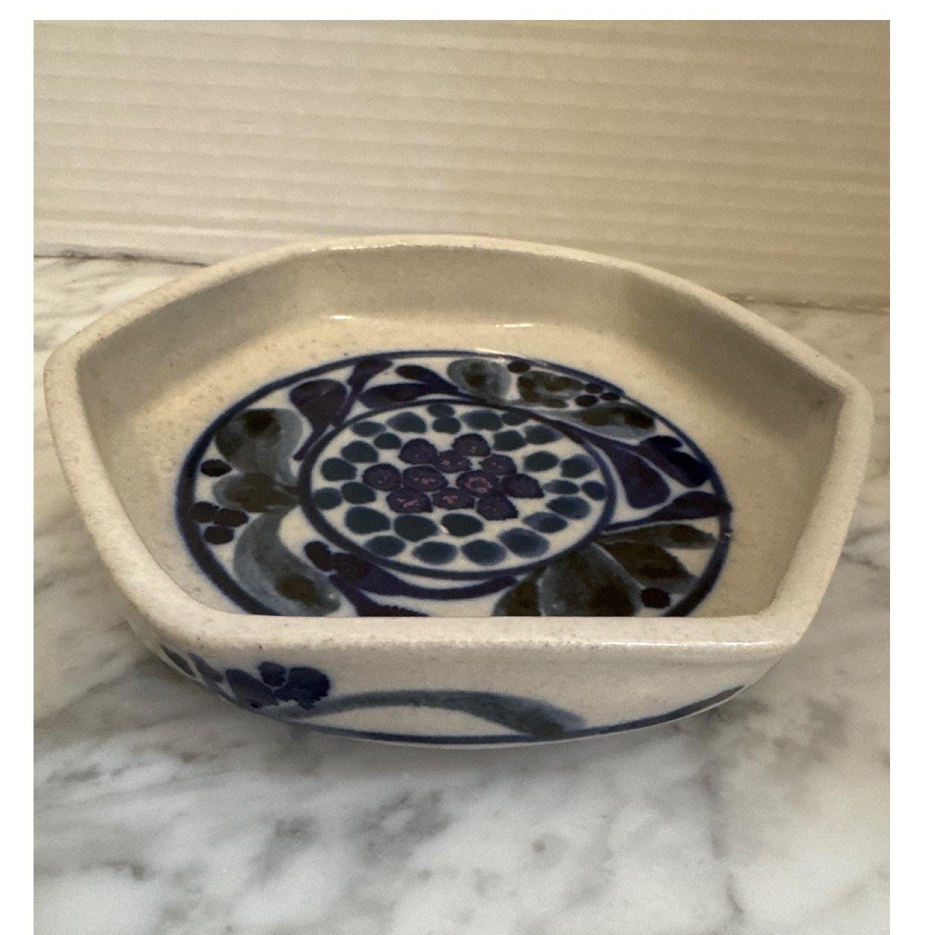 John Fassbinder Signed Studio Pottery Hexagon Floral Stoneware Dish Blue Cream