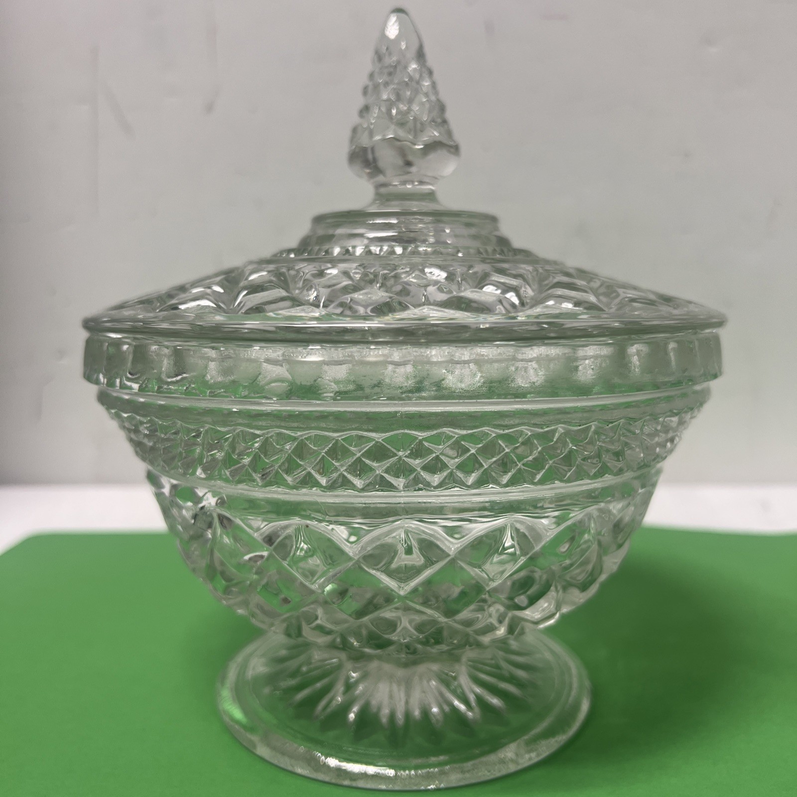 Lot Of 2 Vintage Anchor Hocking Wexford Diamond Pointed Clear Candy Dish W/lid