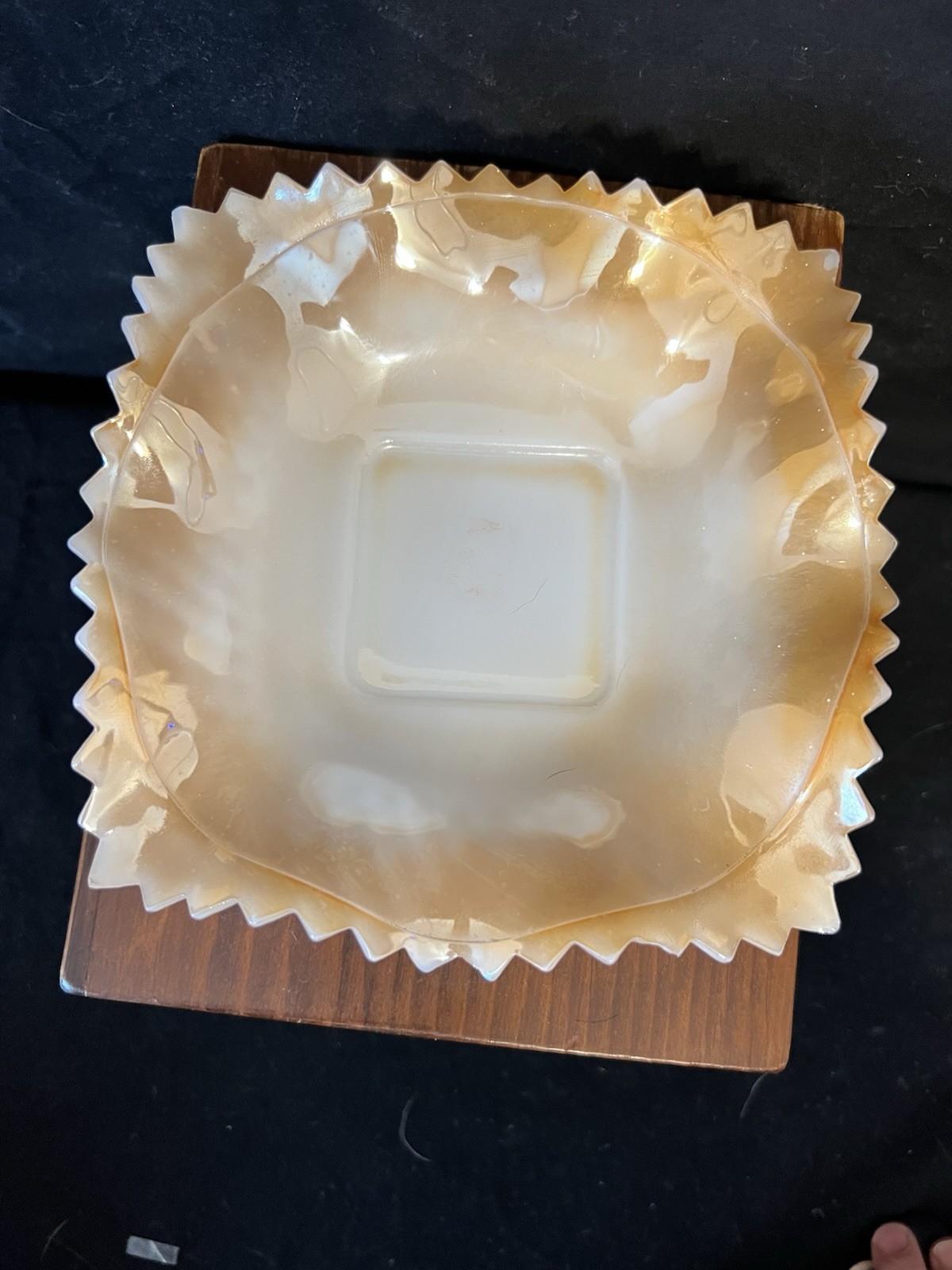 Vintage Indiana Milk Glass Peach Luster Ruffle Edge Diamond Cut Square Dish