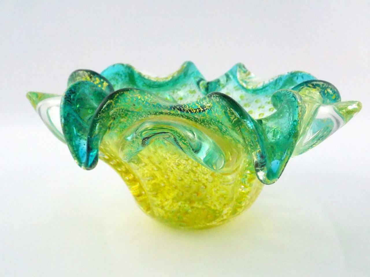 Italian Art Glass Polished Base Controlled Bubble Flower Bowl Green Blue V GOOD