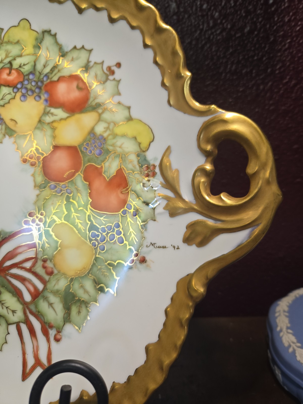 Hand Painted Ceramic Fruit Holly Berry Handled Platter Heavy Gold Trim Signed