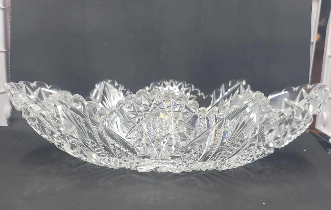 Antique American Brilliant Cut Glass Bowl Hobstar Sawtooth Crystal Centerpiece