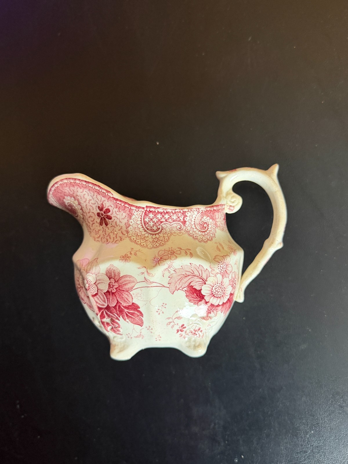 Antique Victorian Red Pink Transferware Footed Creamer Pitcher 19th C Star Mark