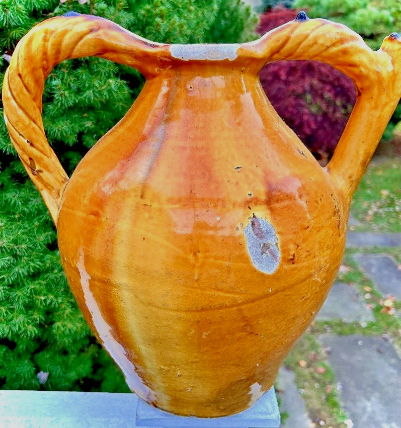 FRENCH ANTIQUE POTTERY YELLOW GLAZE CERAMIC EARTHENWARE CONFIT PITCHER POT