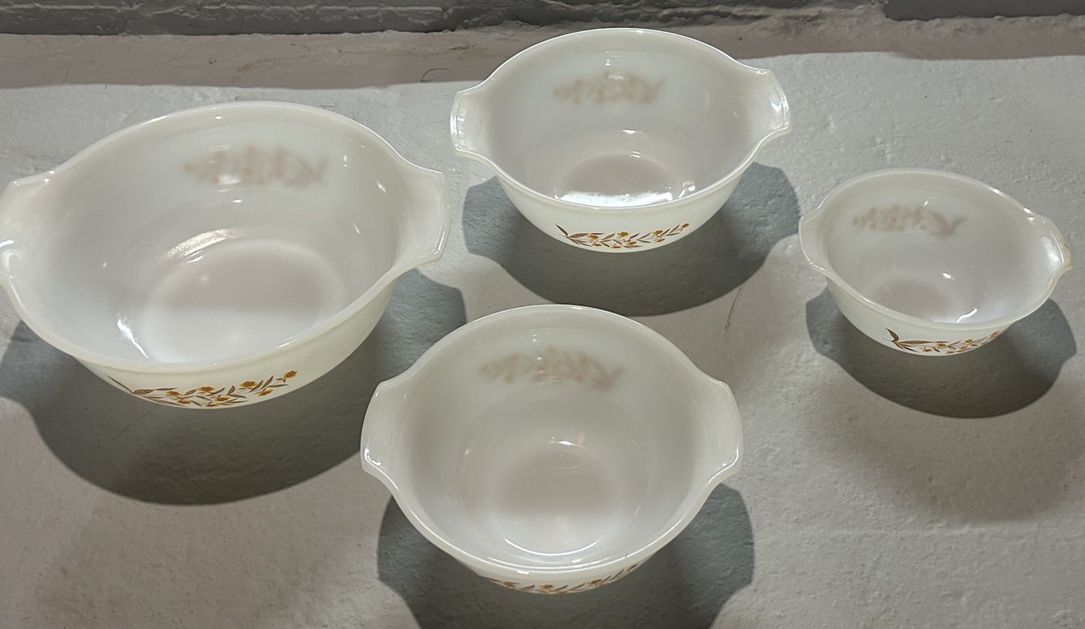 Glasbake 4 Mixing Bowls Autumn Leaf Pattern VTG 1961-1963 J235 w/ Original Box