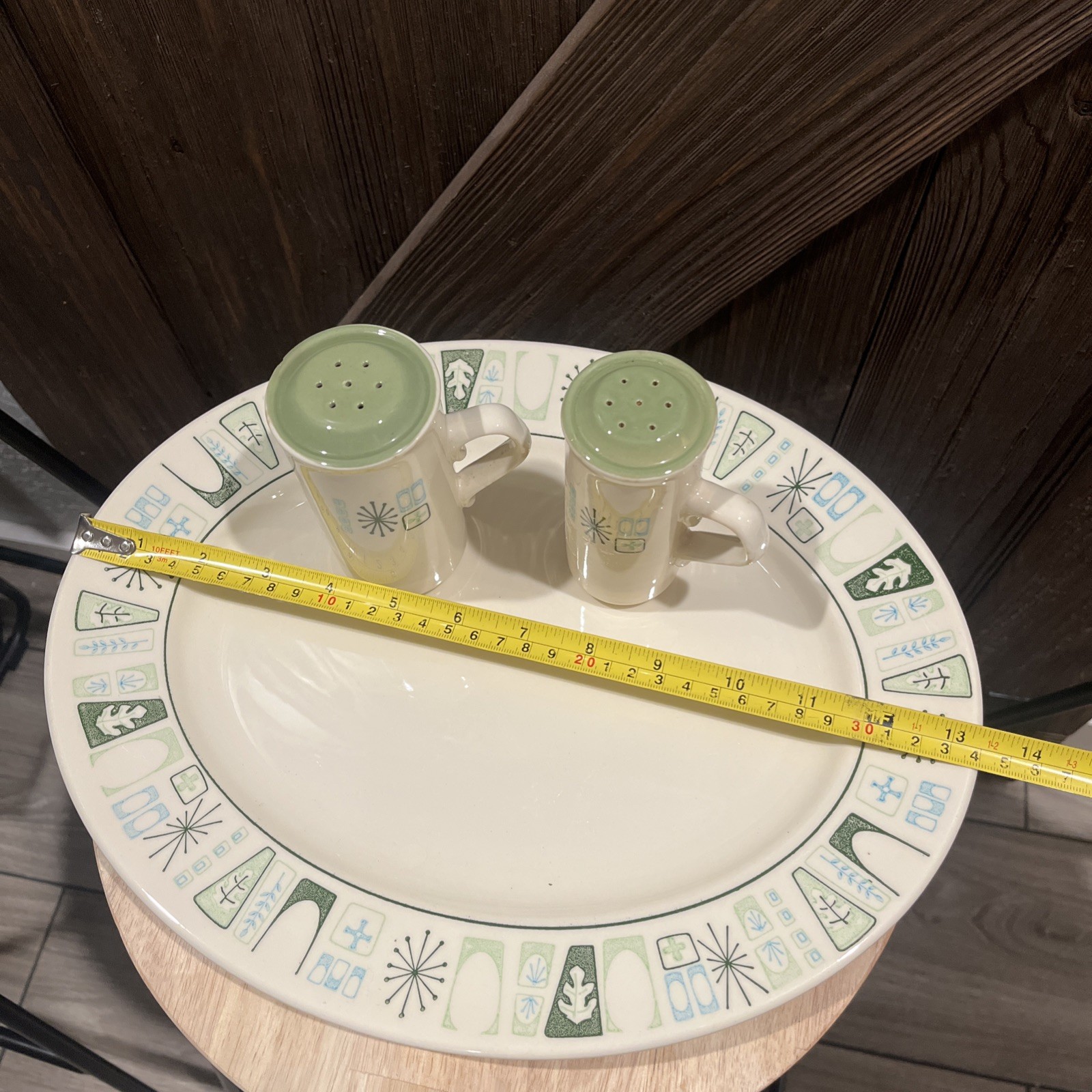 VTG TAYLOR SMITH CATHAY OVAL PLATTER ,12-PLATES AND S&P SHAKER ATOMIC STARBURST