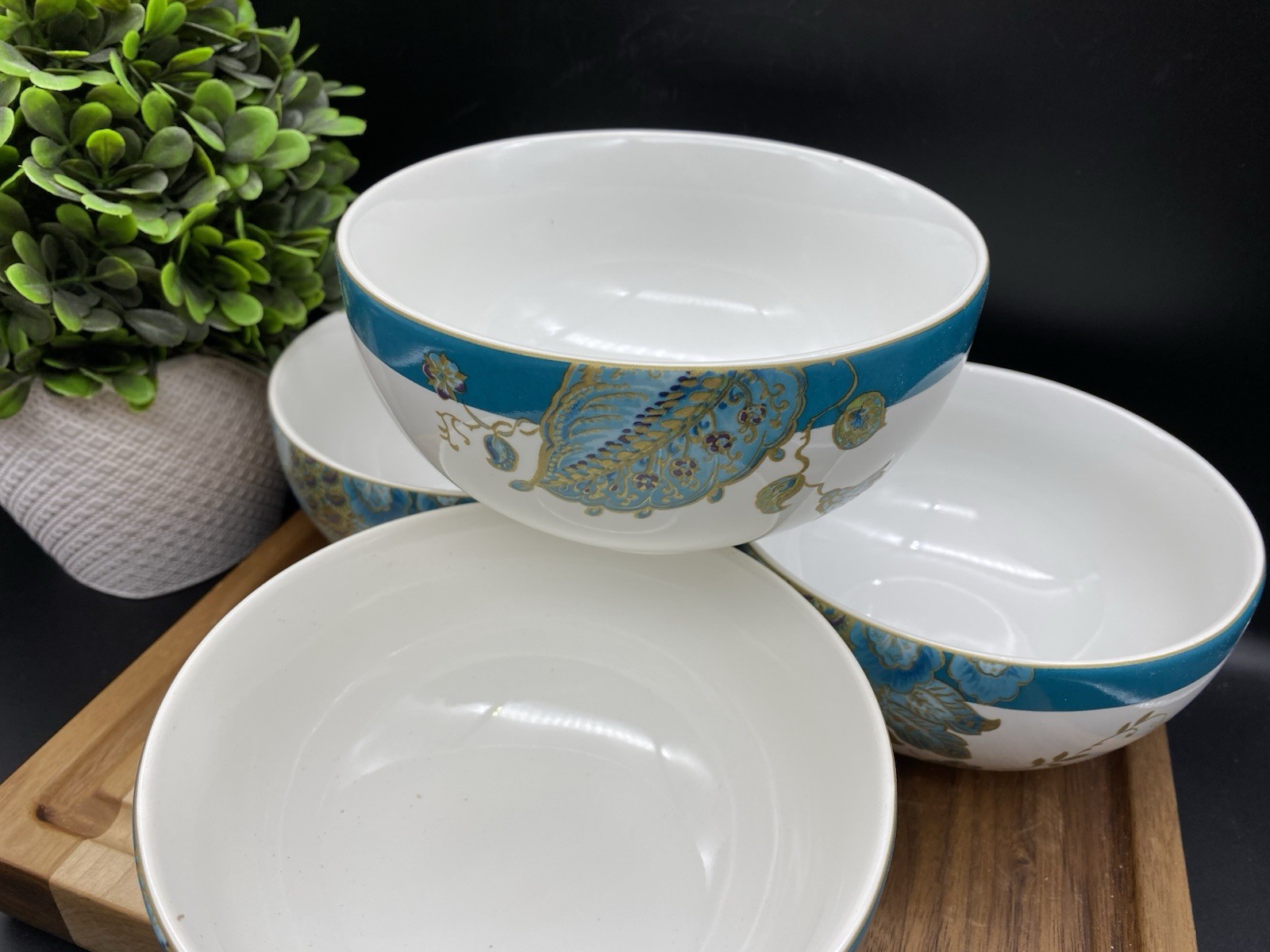 222 FIFTH Eliza Teal FINE PORCELAIN 5.50″ x 3″ Soup Bowls (SET OF 4) NEW