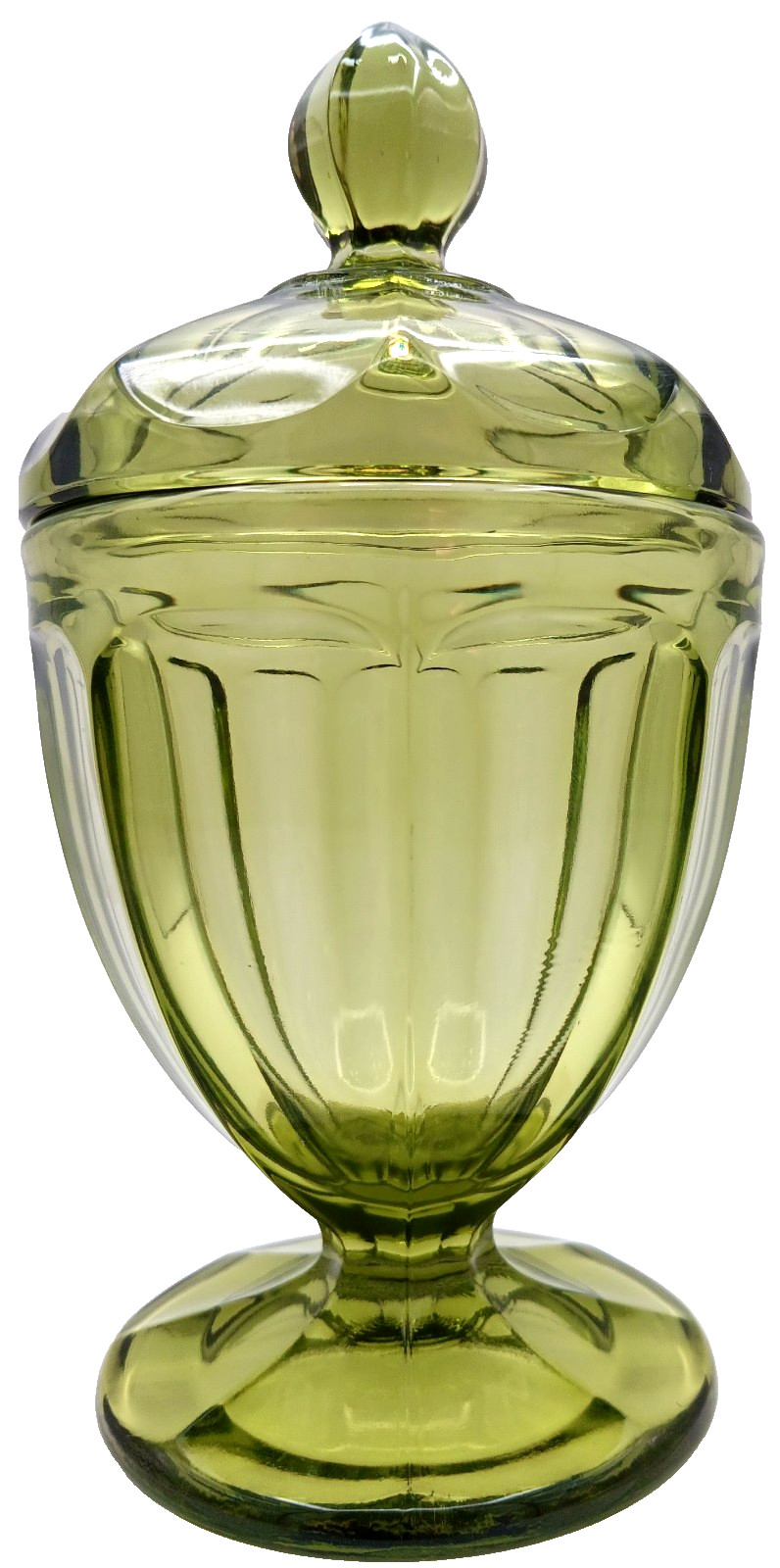 L E Smith? 7.8″ Paneled Olive Green Compote Candy Dish & Matching Lid w/Finial