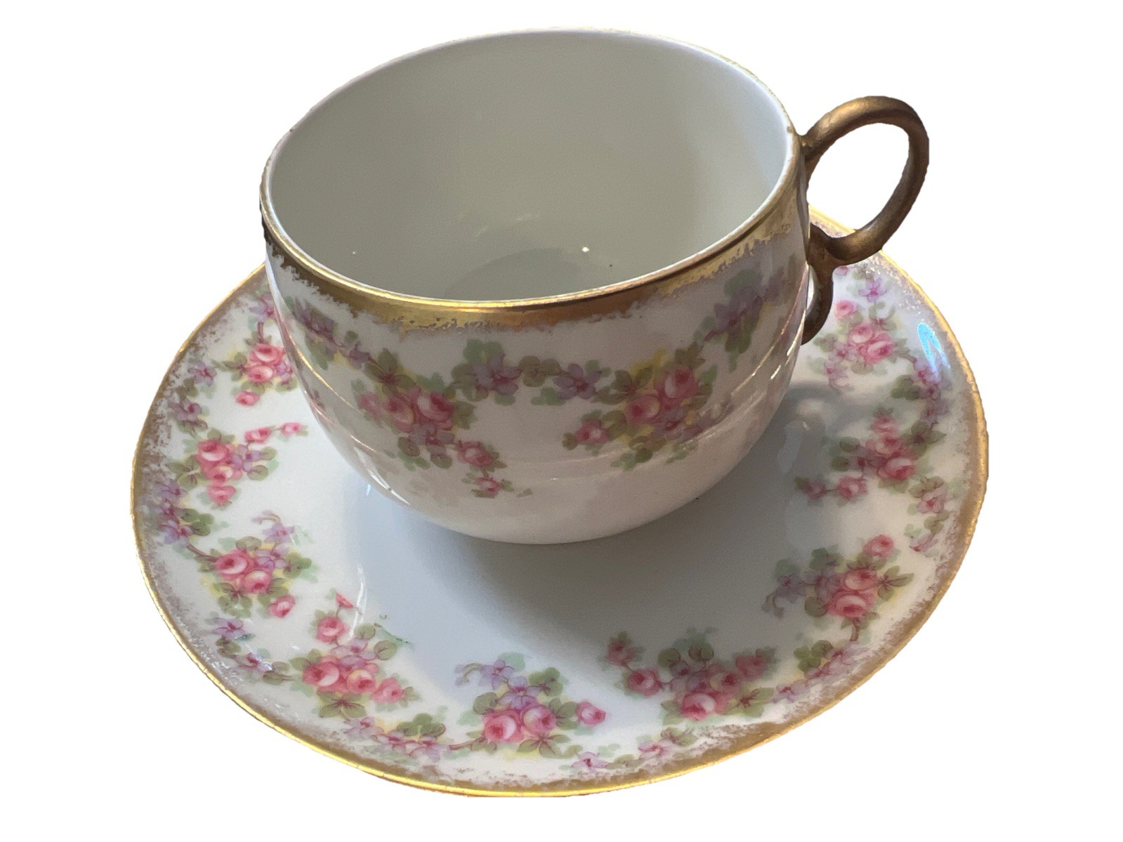 VTG Elite Works Limoges France Bridal Wreath Tea Cup & Saucer Pink Gold Trim