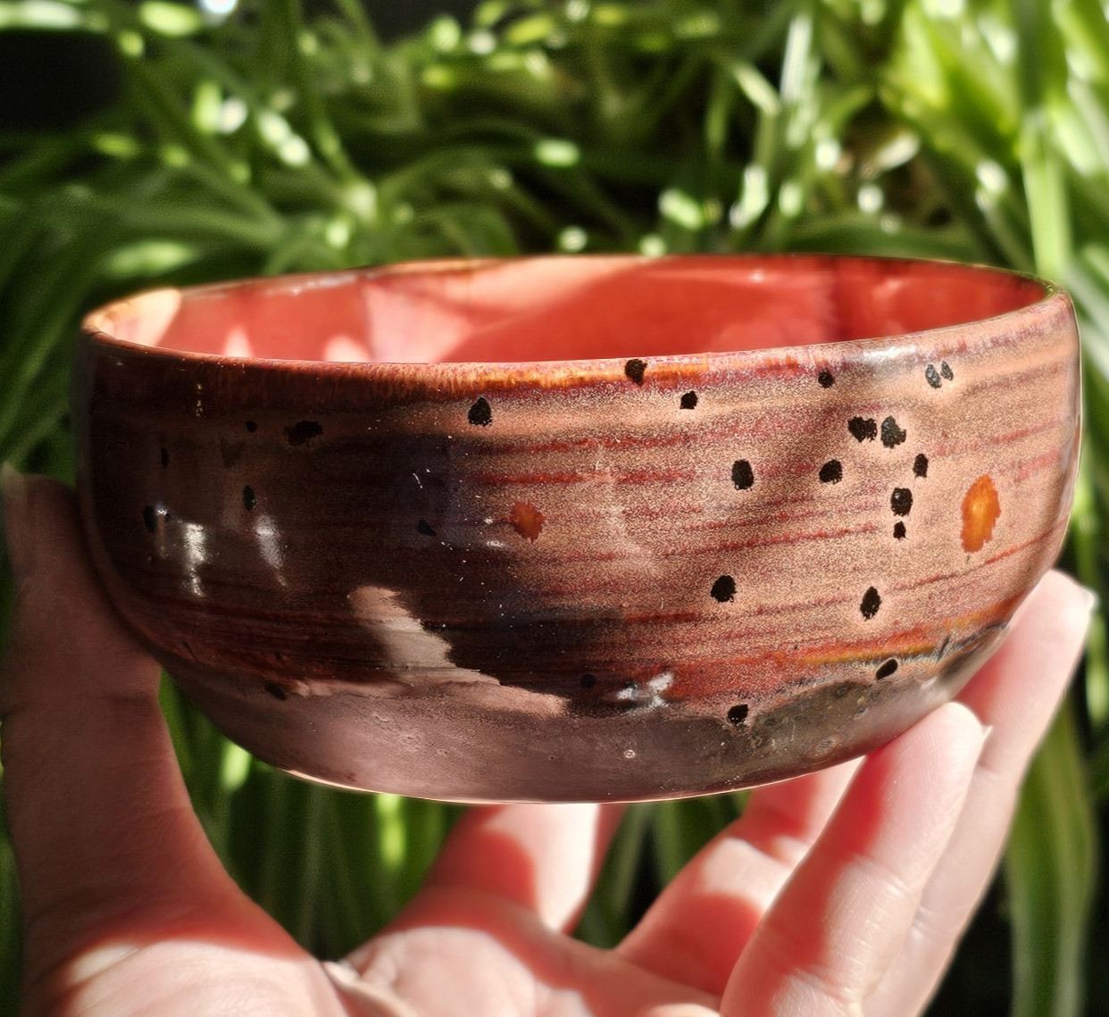 Signed Pottery Golden Red & Brown Drip Glaze Ceramic Bowl Studio Art