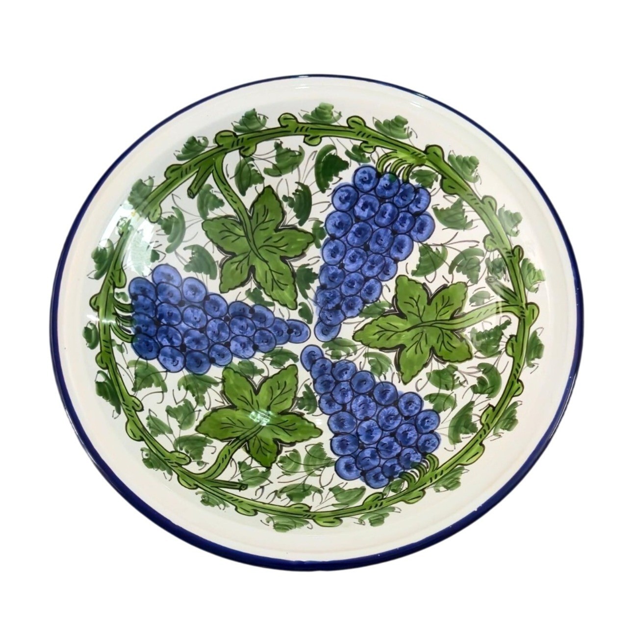 Vintage Le Souk Ceramique Tunisian Hand-Painted Pottery Bowl Blue Grapes Leaves