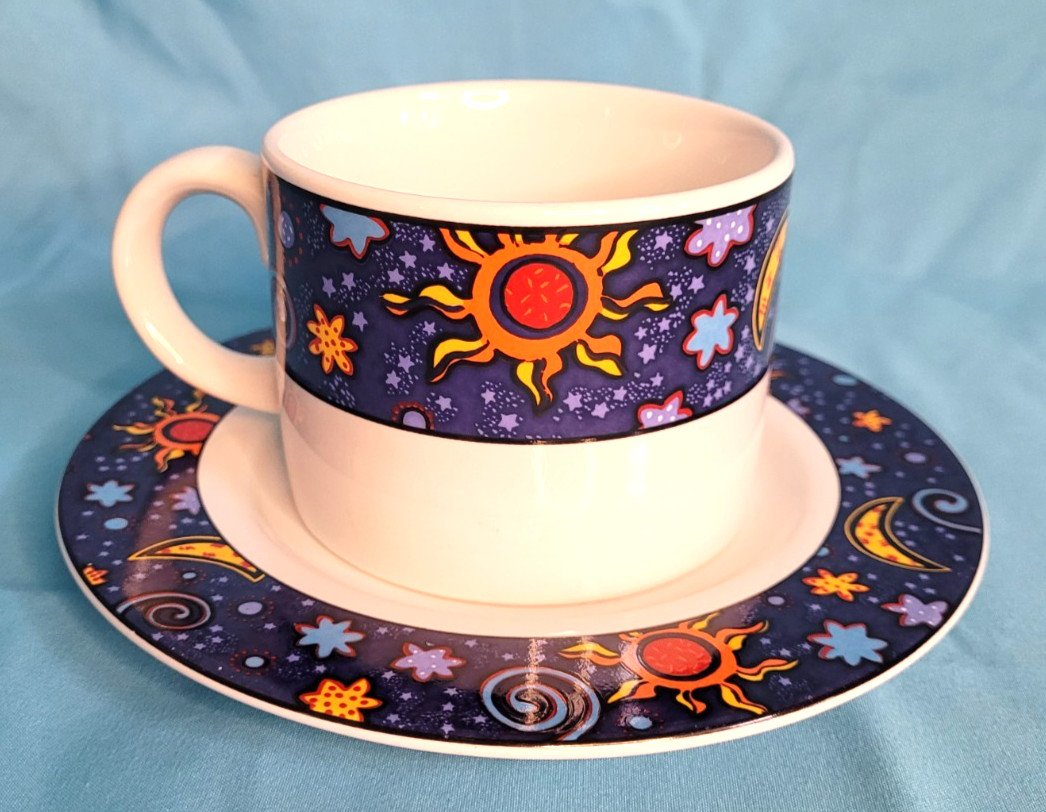 Sakura Celestial Cup and Saucer Set Stoneware 1992 White Multi-color Very Good