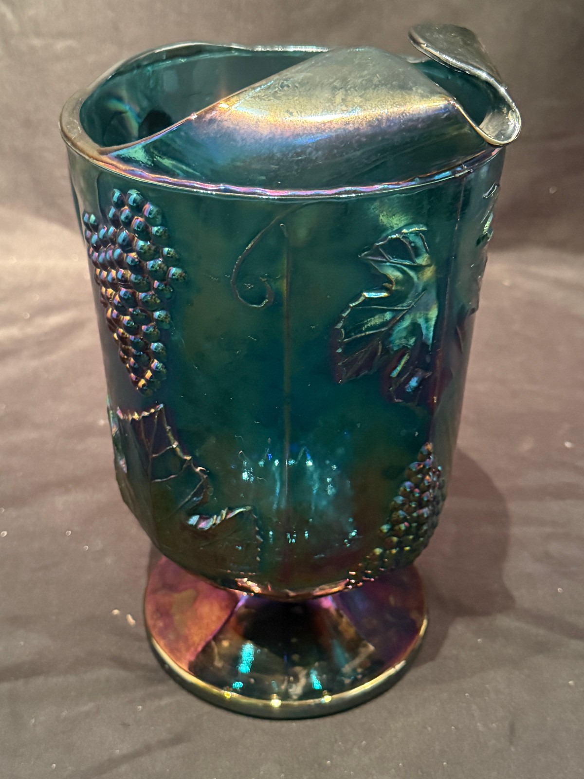 Harvest Grape & Leaf Indiana Art Glass Carnival Iridescent Blue Water Pitcher
