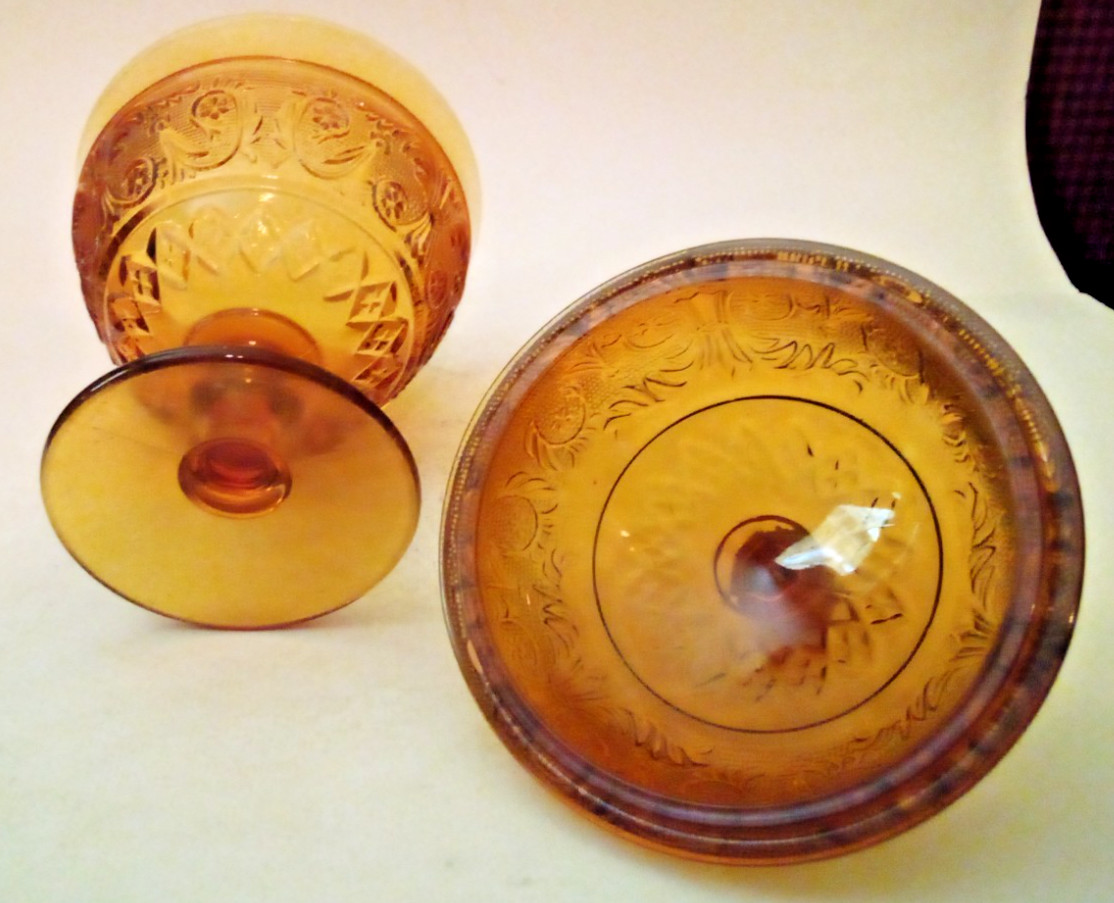 VTG TIARA INDIANA GLASS AMBER SANDWICH CANDY NUT DISH W/LID 8.5″ Ad