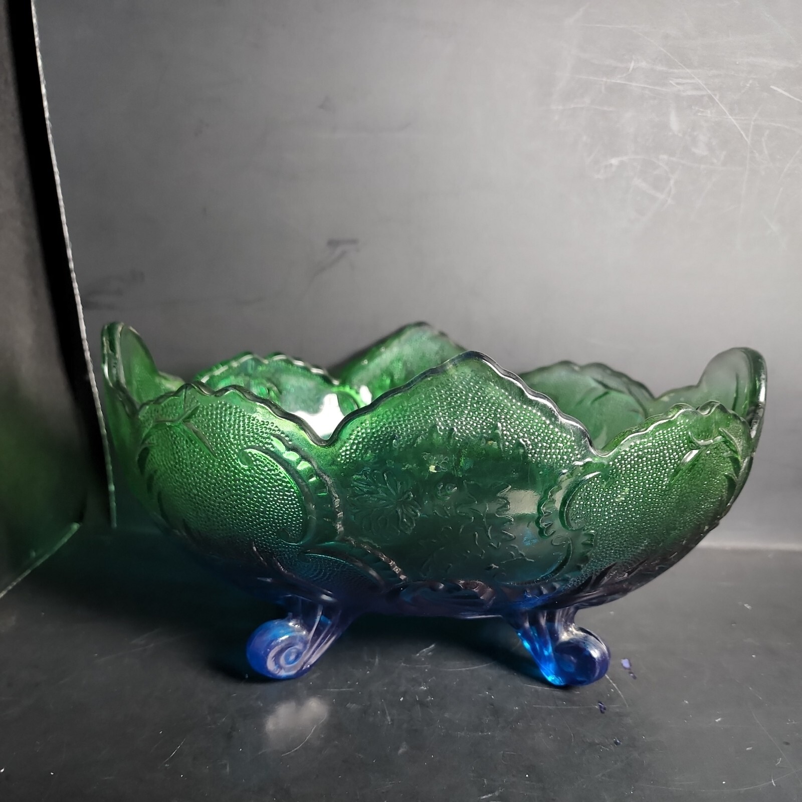 Vtg Jeanette Flashed Blue Green Lombardi Footed Fruit Bowl 10″ L x 5″ H x 7″ W