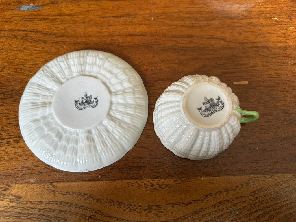 Vintage Belleek Ireland Pink and Green Shell Teacup & Saucer Sets Porcelain